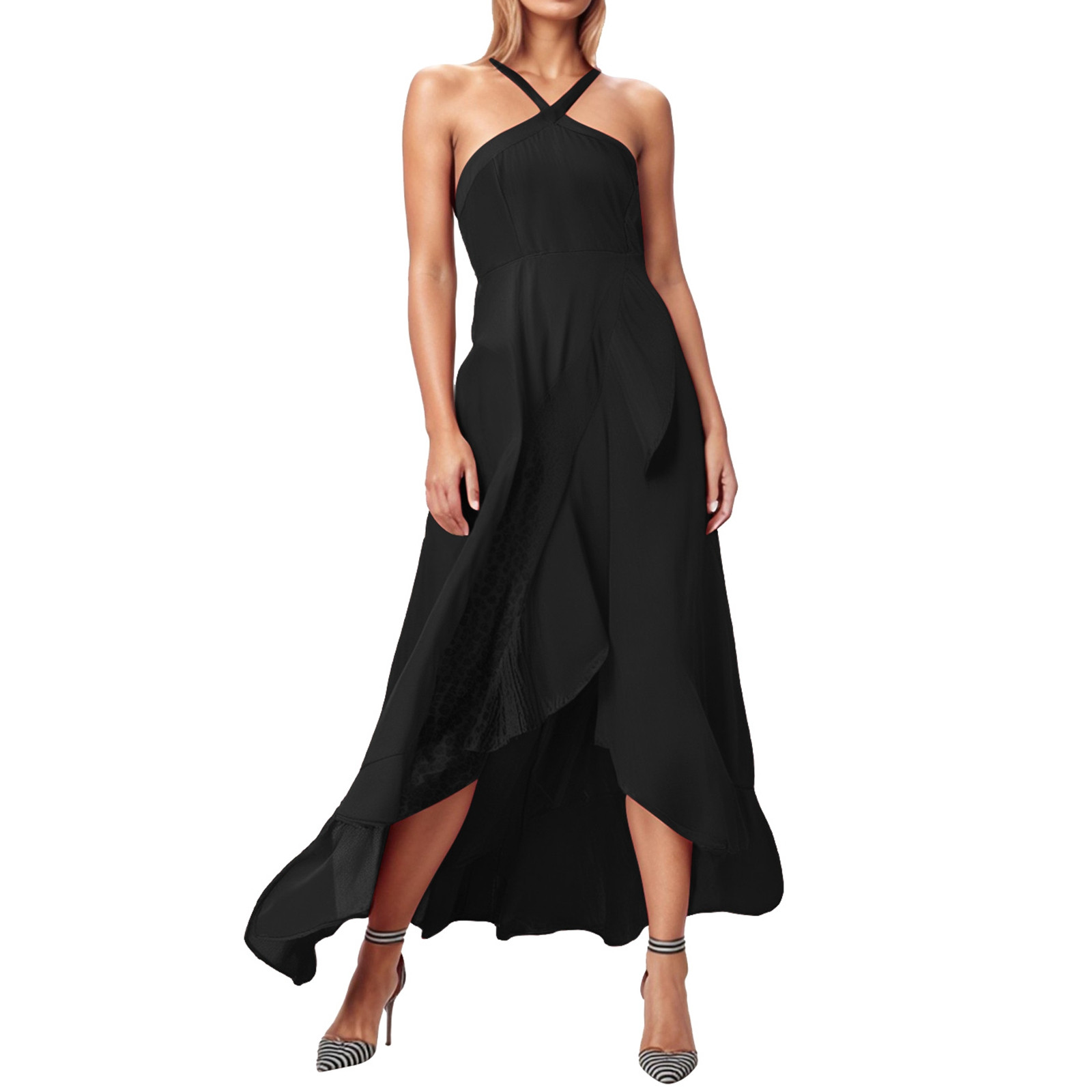 thumbnail image 1 of Vestido de fiesta de verano fluido para mujer con tirantes con volantes: elegante color liso, tejido ligero, cómodo para ocasiones especiales., 1 of 5